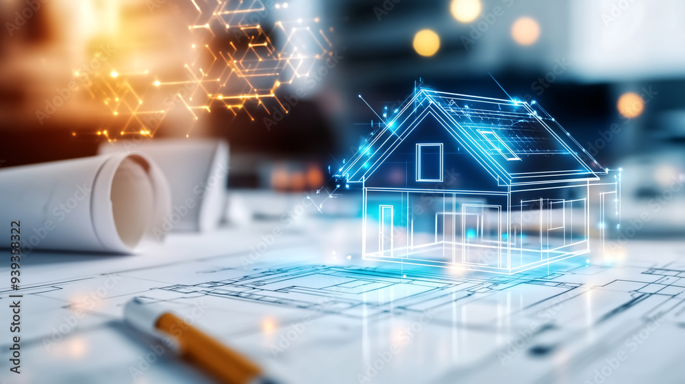 Naklejka premium Futuristic Smart Home Concept with Digital Interface Overlay on Architectural Blueprints