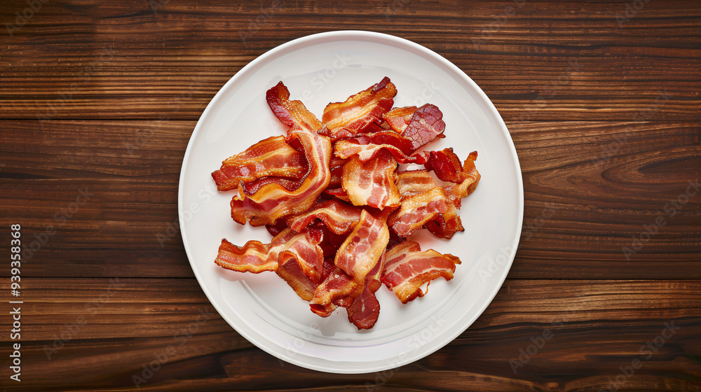 Crispy bacon served on a white plate on a wooden table, a delightful breakfast option Crispy bacon served on a white plate on a wooden table, a delightful breakfast option