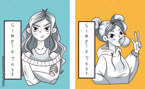 Anime girls cards. Vector graphic design illustration element 