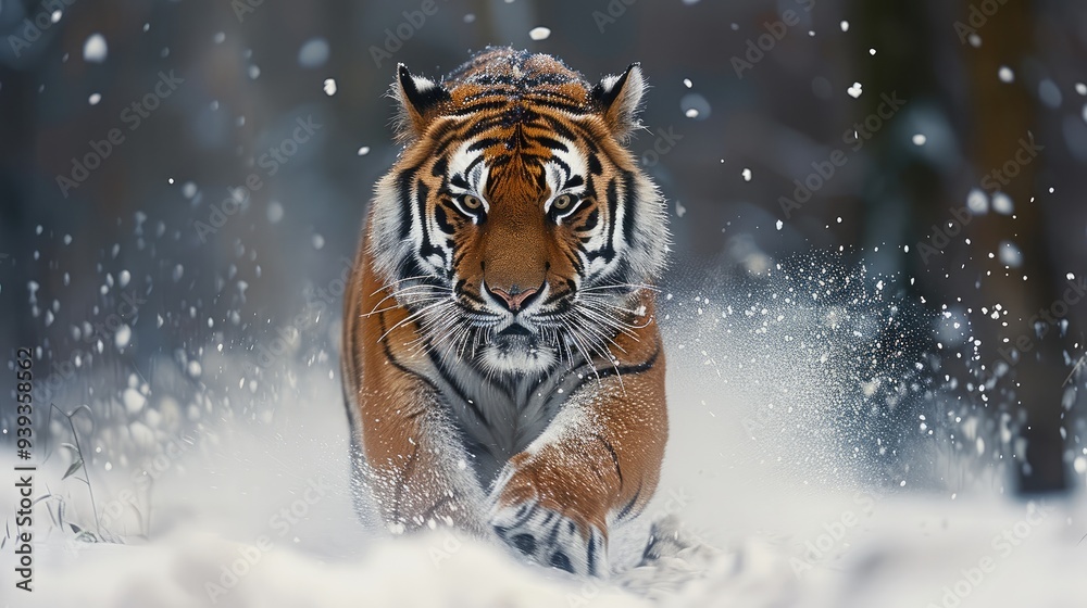 A tiger running in the snowy. Generative AI. A tiger running in the snowy. Generative AI.