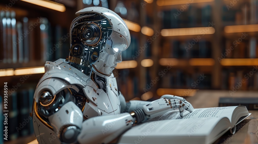A robot are studying new foreign words from the book. Generative AI. A robot are studying new foreign words from the book. Generative AI.