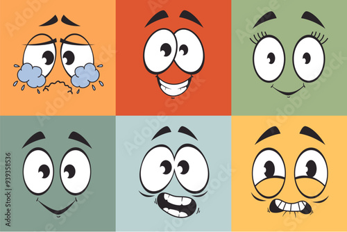 Cartoon retro line art style characters faces set. Vector graphic design illustration element