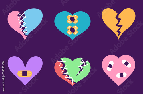 Colorful broken heart bandage hand sewing stitches line art flat set. Vector graphic design illustration element 