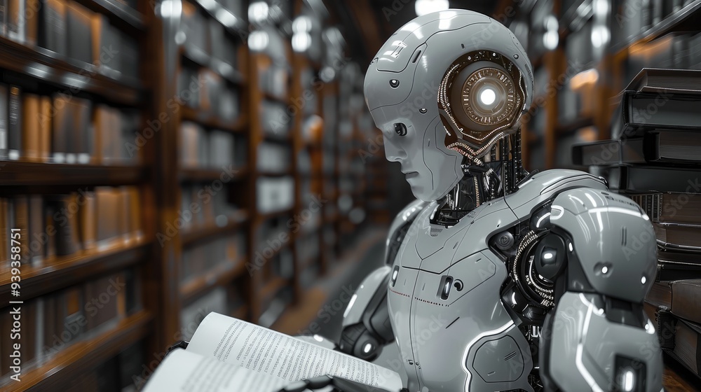 Fototapeta premium A robot are studying new foreign words from the book. Generative AI.