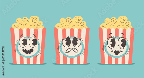 Pop corn retro cartoon simple flat line art style characters isolated set. Vector graphic design illustration element
