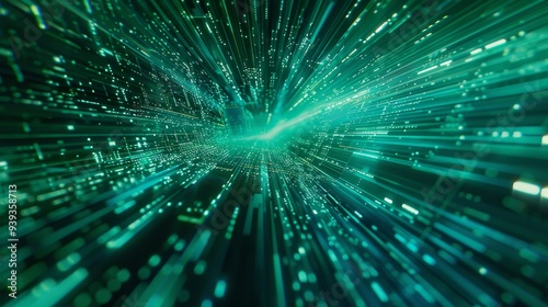 This image features a green digital data stream with elements of speed and motion, highlighting the futuristic aspects of technology and information flow.