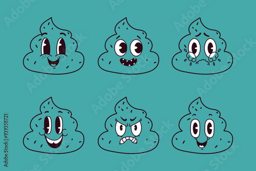 Poop cute characters simple flat line art style set. Vector graphic design illustration element photo