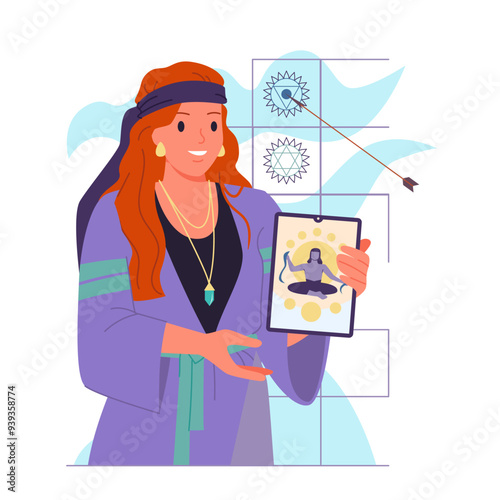 Human Design, self knowledge system. Girl fortuneteller holding tablet with character sitting in lotus pose on screen to explain new age practice, holistic philosophy cartoon vector illustration