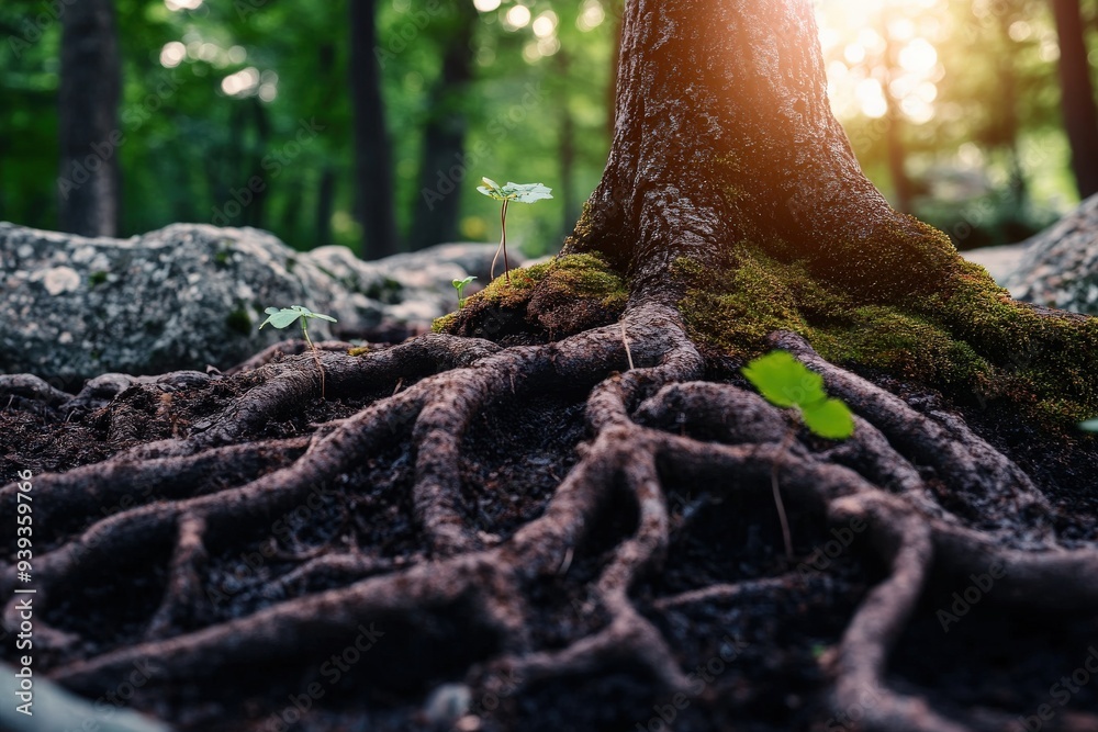 Fototapeta premium A serene photograph capturing the detailed tree roots covered in moss, bathed in sunlight filtering through a forest, showcasing the beauty and tranquility of nature.