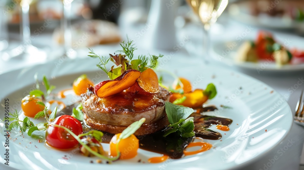 An artistic plating of a gourmet meat with delicate sauces, and precise arrangements, elevating the dining experience An artistic plating of a gourmet meat with delicate sauces, and precise arrangements, elevating the dining experience