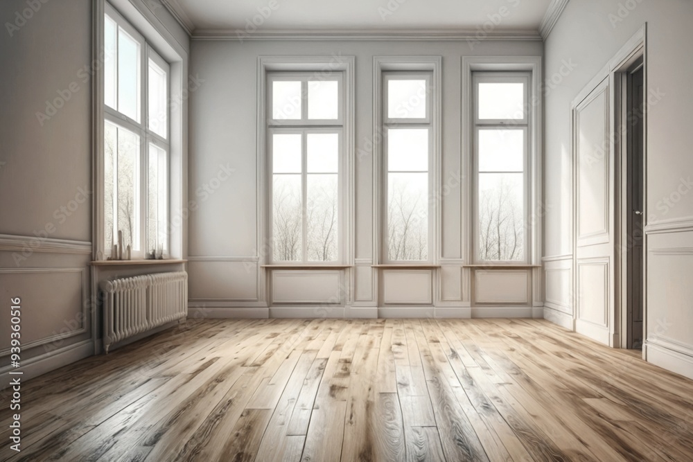 Fototapeta premium Empty Room with Wood Flooring and Windows