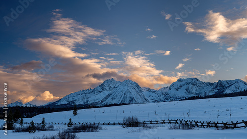 Sawtooth mountains in winter at sunset photo