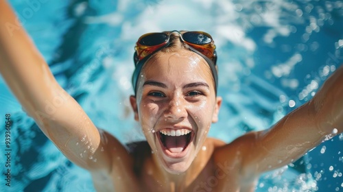 Portrait of a victorious young woman swimmer, showing her excitement and pride in the pool