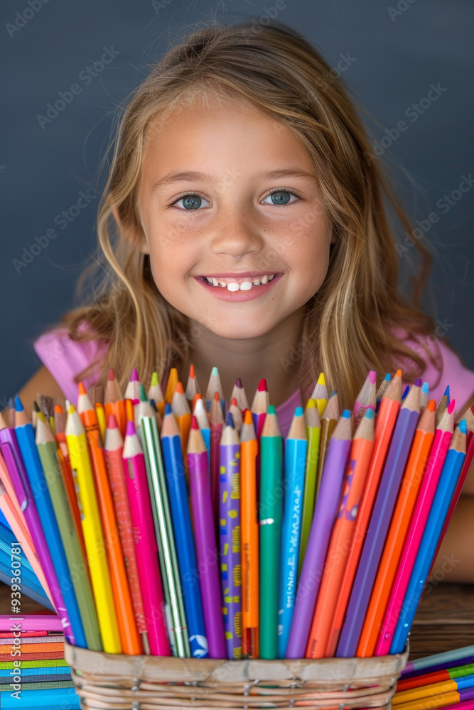 A happy student organizing their bright school supplies on a desk A happy student organizing their bright school supplies on a desk