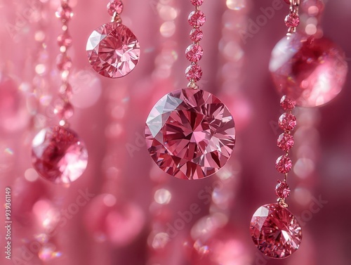 cascading pink diamonds suspended in dreamy rosehued bokeh soft focus creates a romantic and luxurious atmosphere perfect for highend jewelry advertising photo