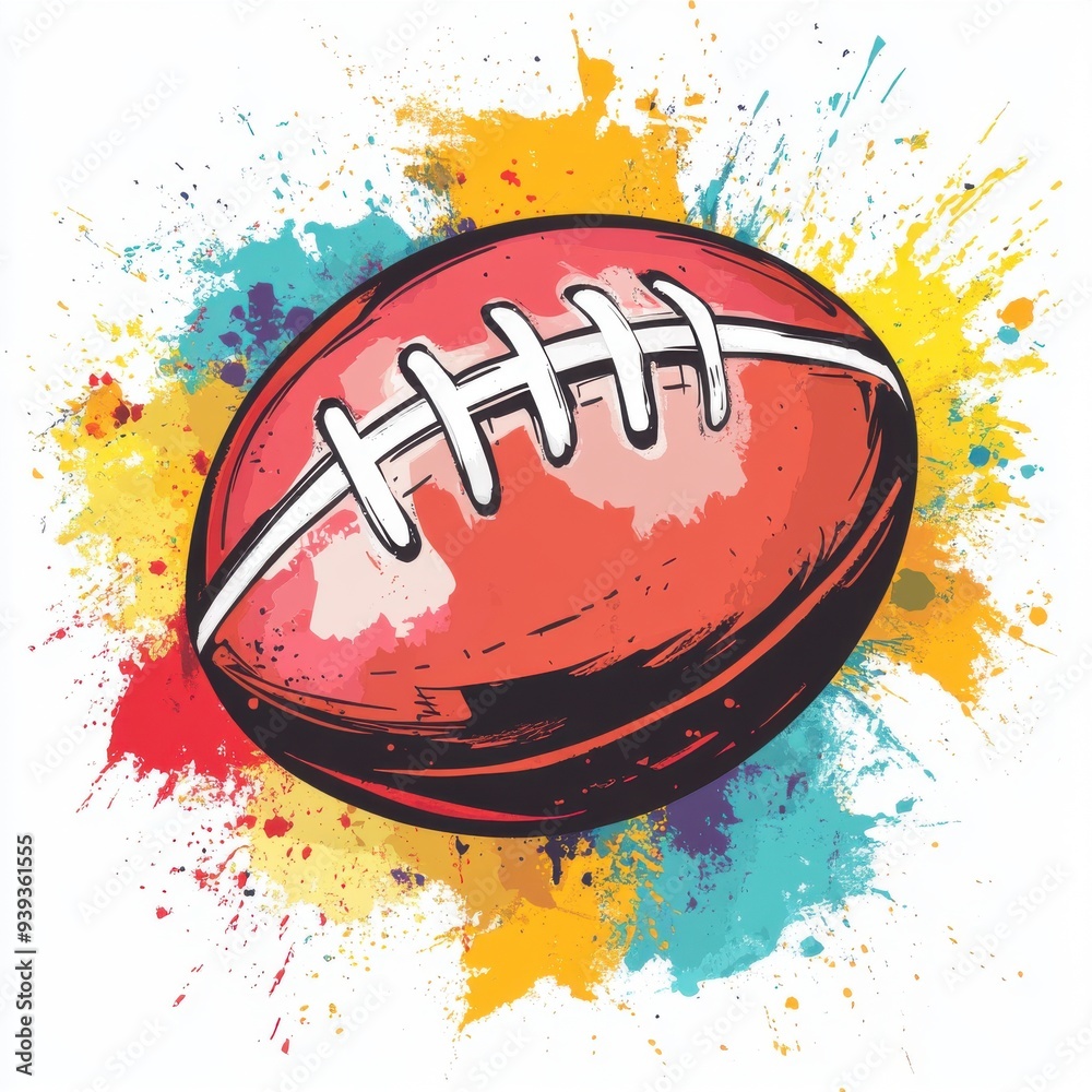 Hand-drawn American football illustration with colorful paint splatters. Hand-drawn American football illustration with colorful paint splatters.