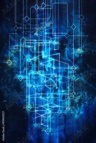 A detailed schematic design in neon blue, showcasing intricate technological network connections arranged in a complex blueprint-like structure.