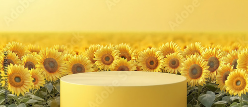 A vibrant yellow podium surrounded by a field of sunflowers, perfect for presentations, displays, or promotional content.