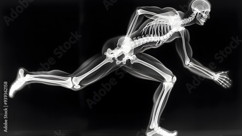 X-Ray of a Sprinter Running: An x-ray image of a sprinter in mid-stride, showing the dynamic movement of the legs and arms. 