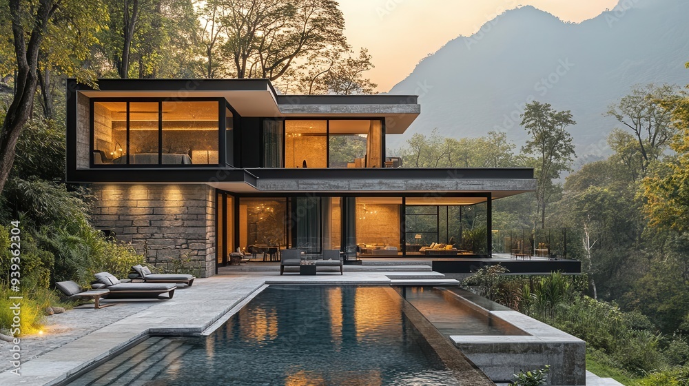 Fototapeta premium contemporary home exterior with expansive patio featuring panoramic views and stylish outdoor furniture blending seamlessly with nature