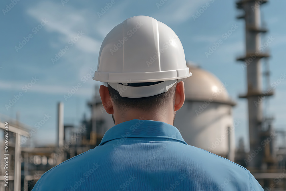 Engineer wearing hardhat an oil refinery, viewed from behind. Engineer wearing hardhat an oil refinery, viewed from behind.