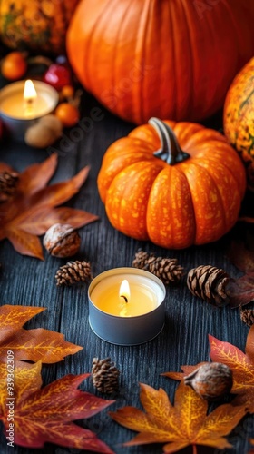 Autumn scene featuring a pumpkin, candles, and colorful leaves, perfect for seasonal decor and cozy ambiance.