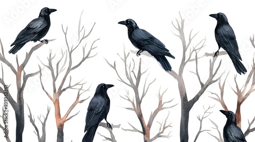 Watercolor Crows Perched on Bare Branches - Perfect for Halloween Decor or Autumn Projects photo