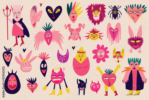 Vibrant bright Strange ugly Halloween characters. Funky bizarre comic characters in modern flat hand drawn style