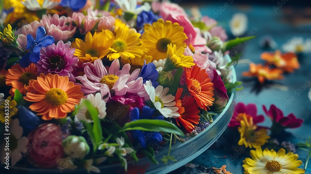 An edible flower garden made from a variety of edible blooms, showcasing nature beauty in a culinary masterpiece. An edible flower garden made from a variety of edible blooms, showcasing nature beauty in a culinary masterpiece.