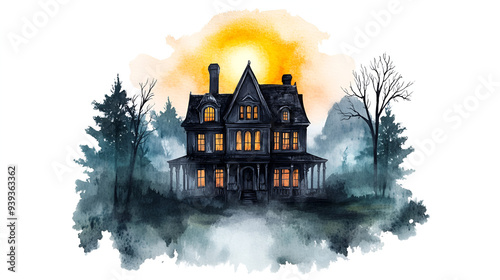 Spooky Watercolor Halloween House Illustration for Greeting Cards and Invitations photo