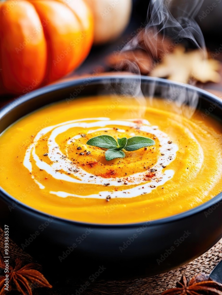 Delicious pumpkin soup served in a bowl, garnished with cream and herbs, perfect for a cozy autumn meal. Delicious pumpkin soup served in a bowl, garnished with cream and herbs, perfect for a cozy autumn meal.