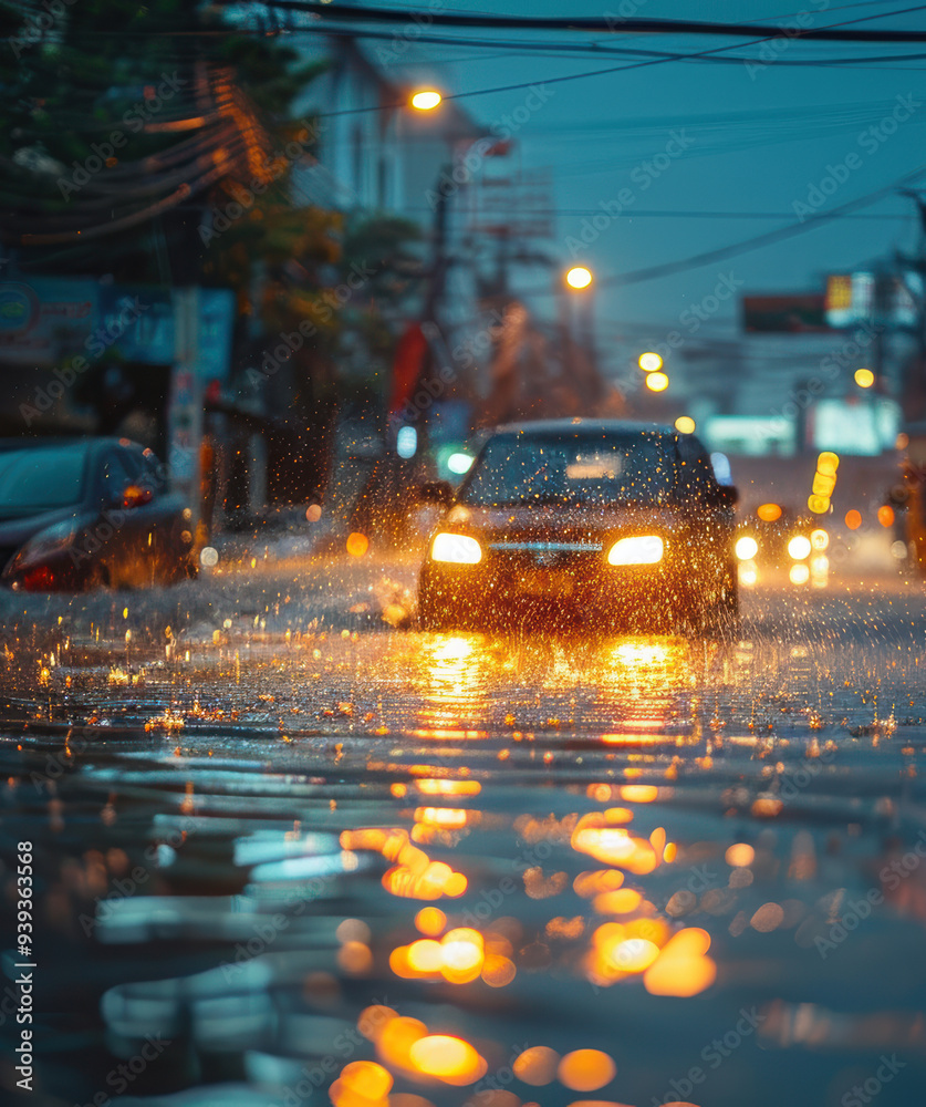 Fototapeta premium A car drives cautiously through a flooded city street at night, with reflections of neon signs and streetlights on the water. 