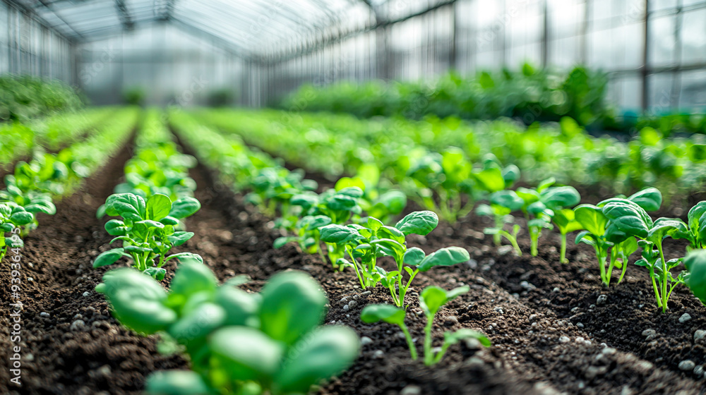 Lush Greenhouse with Rows of Thriving Plants in Controlled Environment Lush Greenhouse with Rows of Thriving Plants in Controlled Environment