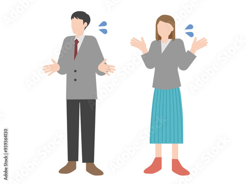 焦って（困って）お手上げのポーズをしている大人の男女
