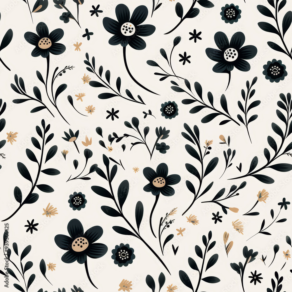 A seamless pattern with black and white floral design featuring various flowers and leaves on a light background. A seamless pattern with black and white floral design featuring various flowers and leaves on a light background.