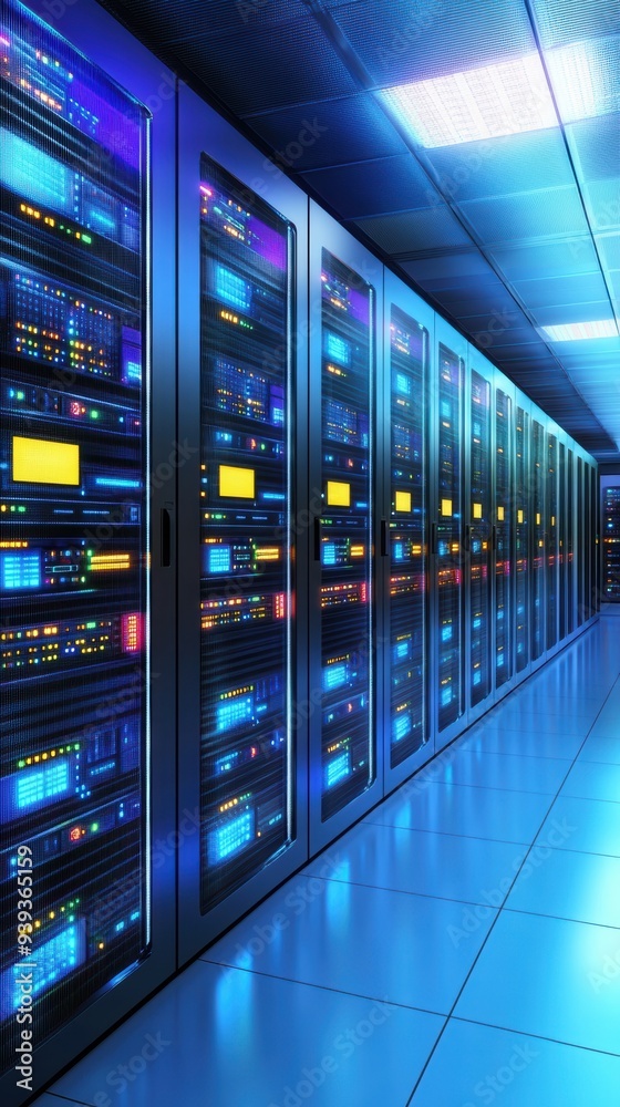 Advanced computing in a modern data center with high-performance servers illustrated in 3d Advanced computing in a modern data center with high-performance servers illustrated in 3d