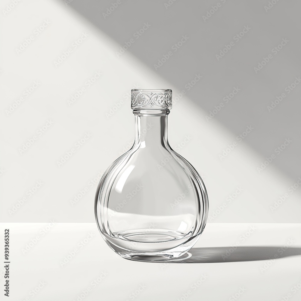 Clear glass bottle with an ornate stopper on a white surface. Clear glass bottle with an ornate stopper on a white surface.