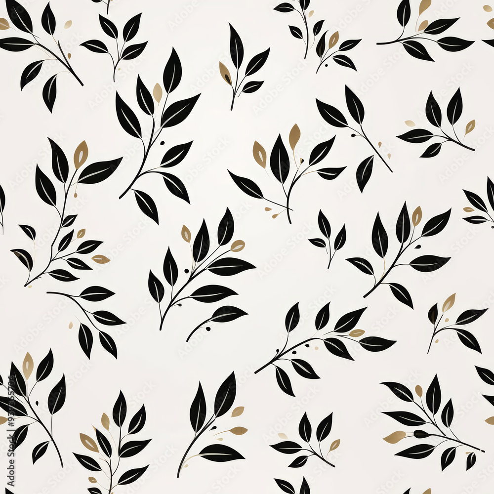 Seamless pattern of black leaves and branches on a white background with golden dots. Seamless pattern of black leaves and branches on a white background with golden dots.