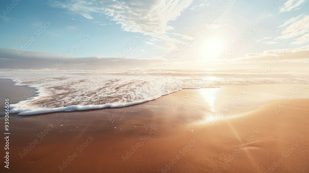 Fototapeta premium Empty beach at sunrise, representing solitude and freedom