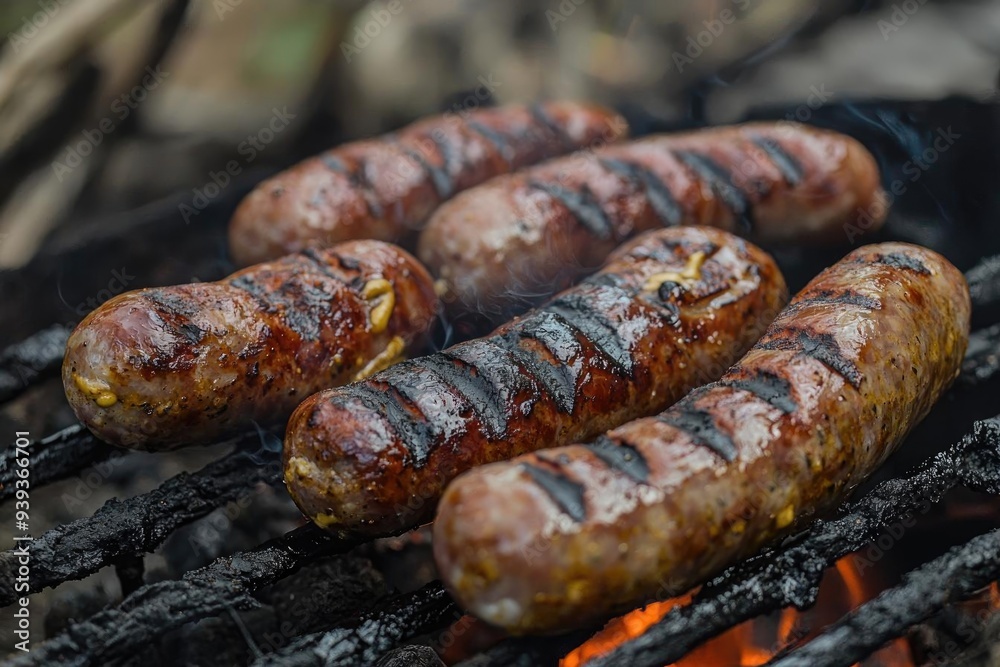 Fototapeta premium Delicious grilled sausages sizzling on a fire, perfect for outdoor gatherings and summer barbecues.