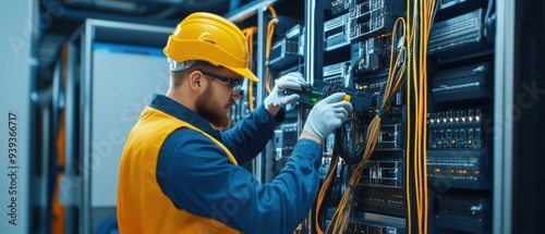 Network engineer performing maintenance on critical infrastructure in 3d illustration photo