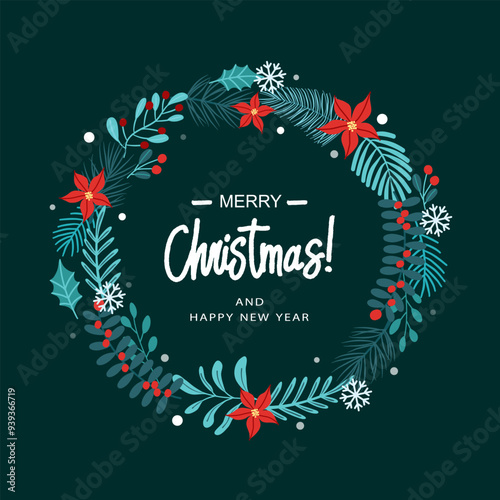 Christmas wreath with  mistletoe, pine and fir branches, rowan berries. Vector design elements for your holiday cards. Vector flat illustration isolated on dark background.