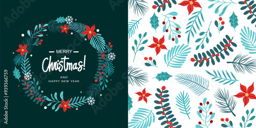 Christmas flat lay design with gift boxes. Wrapping paper or fabric. Set Christmas and New year element, poster for your design. Merry Christmas calligraphy with hand drawn decorative frame. 