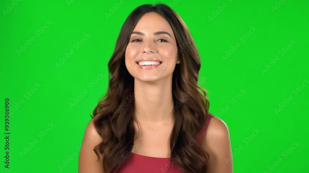 Beautiful Positive woman with big smile on green screen. Young brunette smiling in confident expression over isolated background. Green screen chroma key Happy Beautiful Positive woman with big smile on green screen. Young brunette smiling in confident expression over isolated background. Green screen chroma key Happy