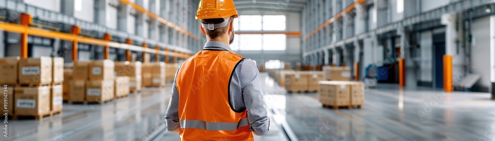Warehouse worker in safety vest and hard hat inspecting inventory in a spacious industrial storage facility with stacked boxes. Warehouse worker in safety vest and hard hat inspecting inventory in a spacious industrial storage facility with stacked boxes.