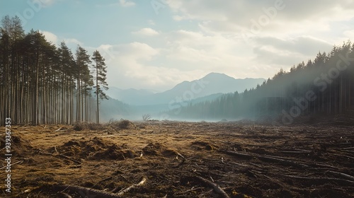 Landscape with a clear-cut area in the foreground where trees have been recently removed leaving behind stumps and debris photo