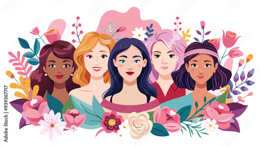 Happy Women's day celebration banner, women group for International Women’s day, 8 march, multiple women faces graphic illustration, horizontal copy space on pastel pink watercolor style background. Happy Women's day celebration banner, women group for International Women’s day, 8 march, multiple women faces graphic illustration, horizontal copy space on pastel pink watercolor style background.