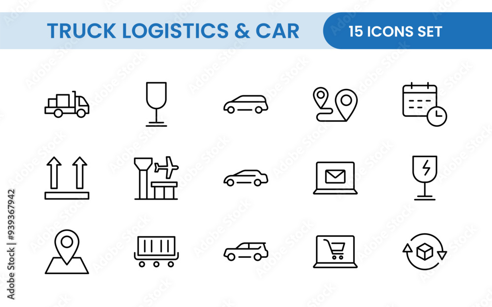 Truck Logistics and Car related modern icon set. Transportation editable line icon illustration collection Truck Logistics and Car related modern icon set. Transportation editable line icon illustration collection