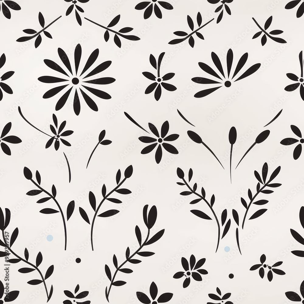 Fototapeta premium Seamless pattern with black floral elements on a white background.