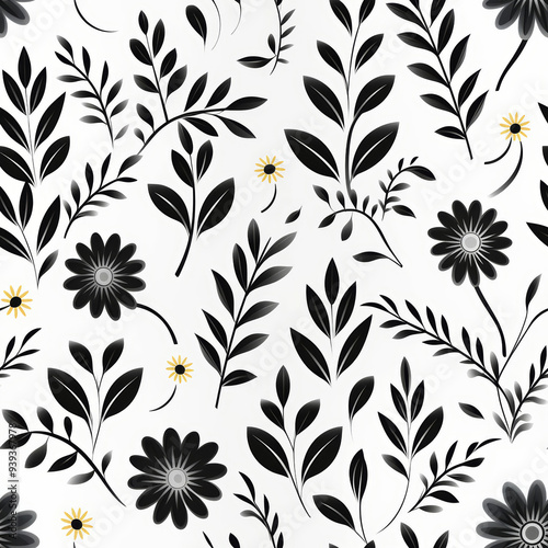 Seamless pattern with black and yellow flowers and leaves on a white background.